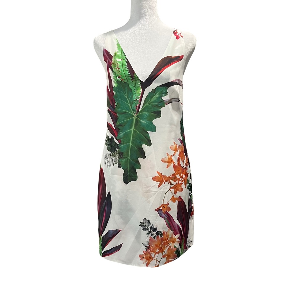 Osklen‎ Mini Dress Womens Medium White Tropical Botanical Open Back V-Neck Satin